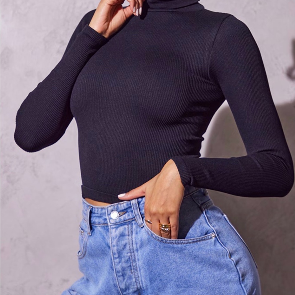 PLT Black Contour Rib High Neck Longsleeve Top